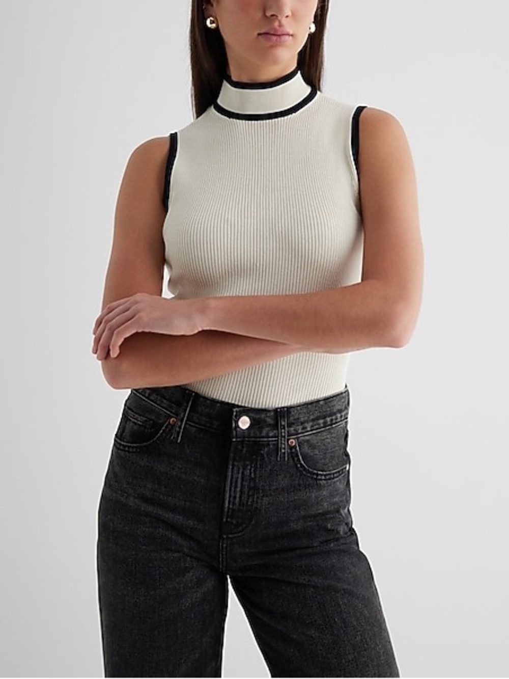 Express Cream Ribbed Mock Neck Tank with Black Trim